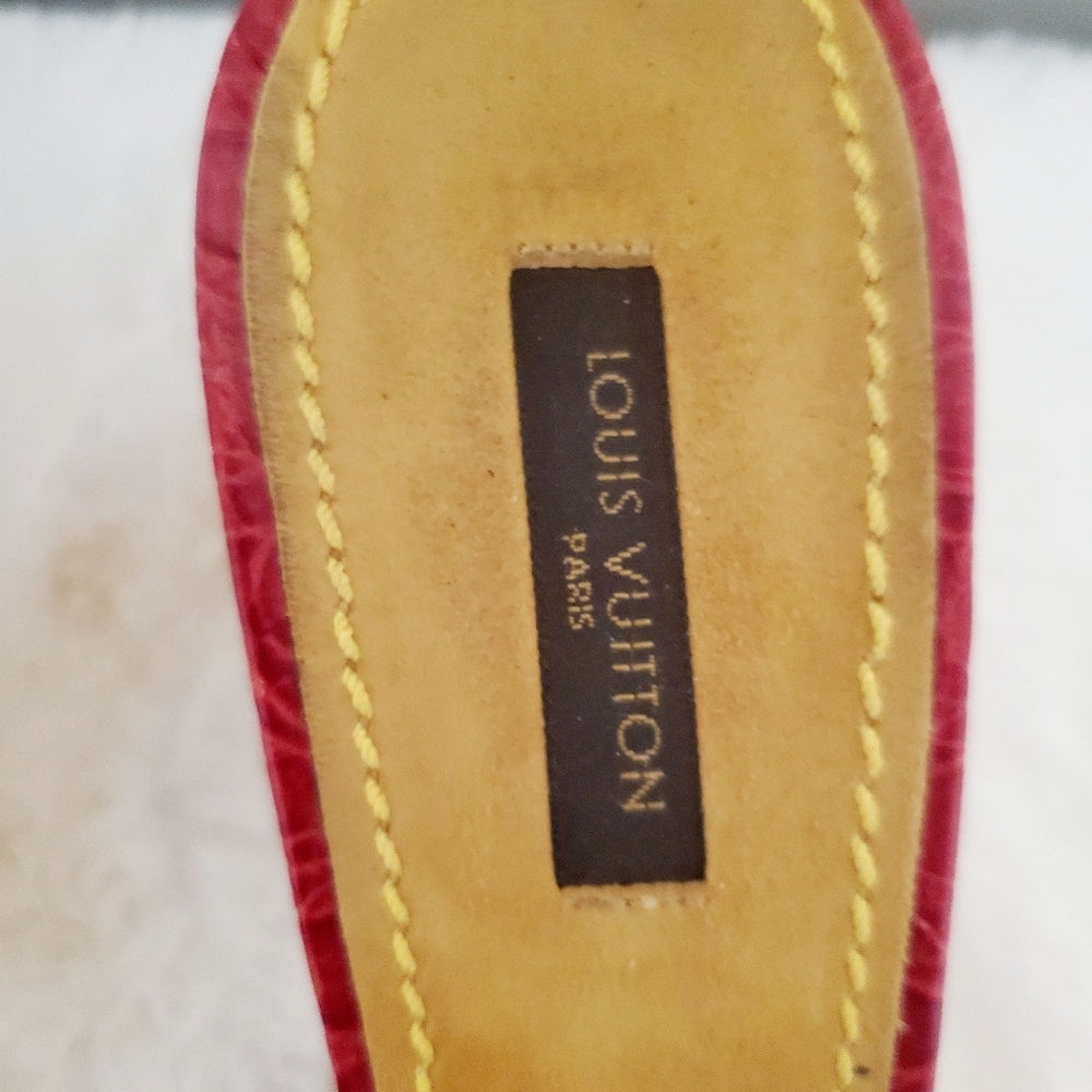 Louis Vuitton Monogram Denim Slide Sandals Red Leather Y2K LV Mule Luxury Size 9 - Picture 13 of 16